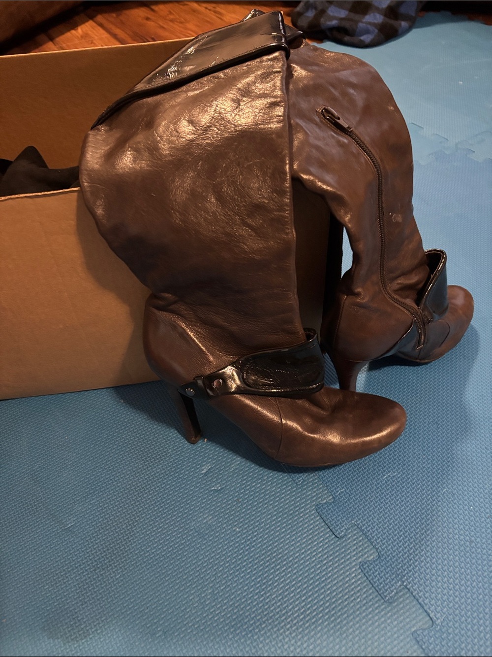 Nine West Brown Leather Knee-High Stiletto Boots with Black Strap